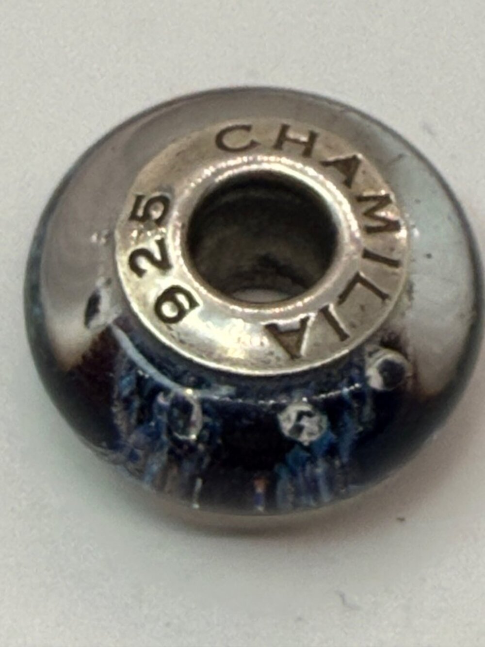 Chamilia 925 Sterling Silver Deep Blue Glass Clear Crystal Threaded Charm